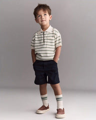 Toddler Boy Knit Zip-Up Polo in Stripes - Cream