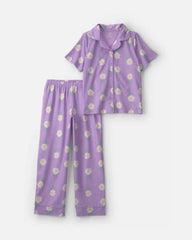 Girls Flower Short-Sleeve 2-Piece Pajama Set - Purple