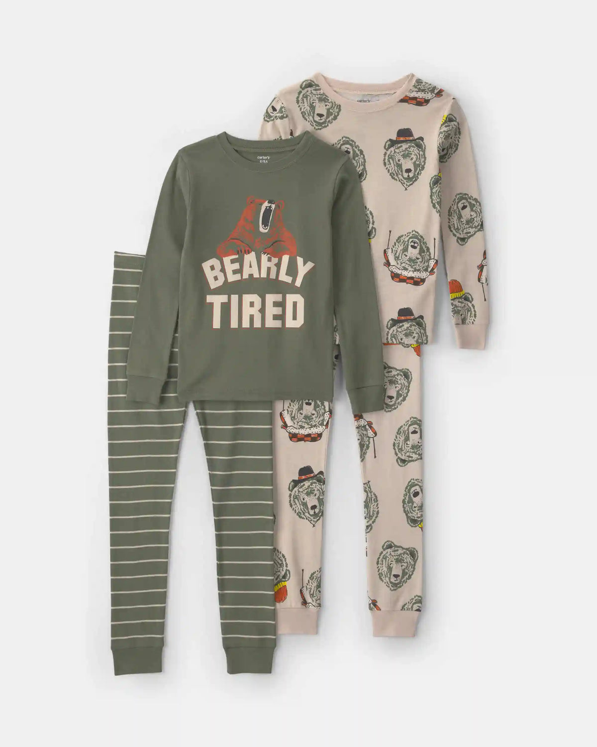 Boys 4-Piece 'Bearly Tired' 100% Cotton Snug Fit Pajama Set - Green/Cream