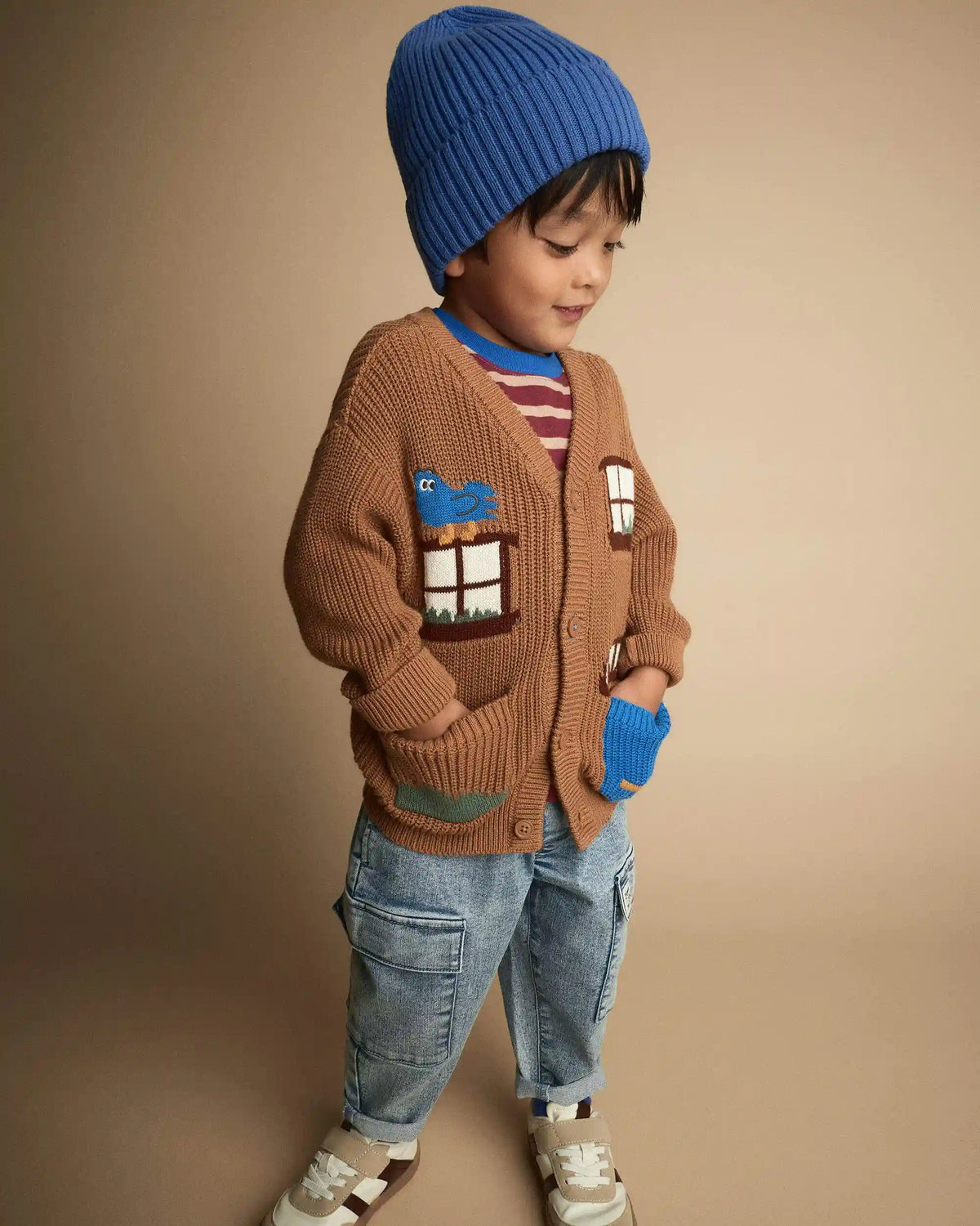 Toddler Cardigan with Avenue Pockets in House Print - Brown