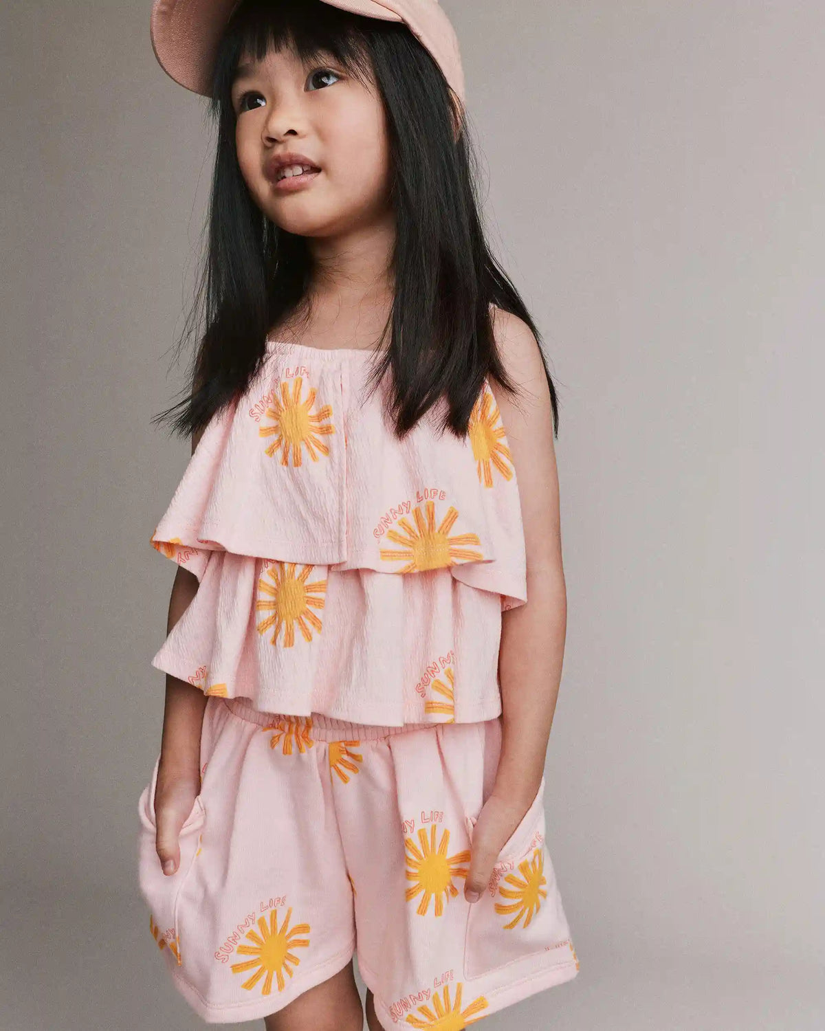 Toddler Girl Off Shoulder Flowy Top in Sunny Life Print - Light Pink