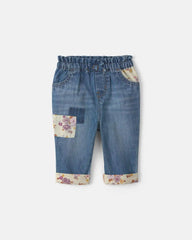 Baby Girl Floral Patch Denim Pull-On Jeans - Light Wash