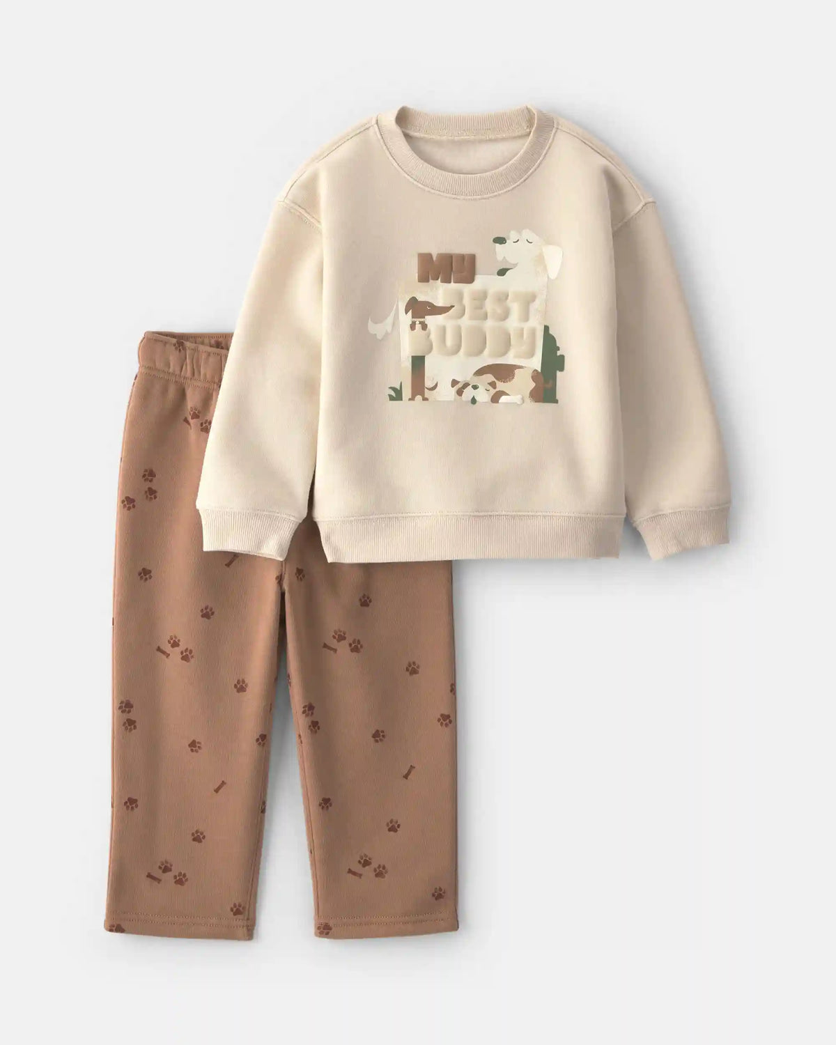 Toddler Boy 2-Piece 'My Best Buddy' Dog Fleece Sweatshirt & Pant Set - Cream/Brown