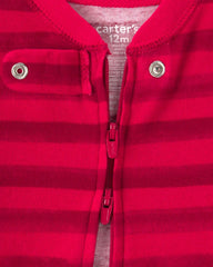 Baby 1-Piece Striped Reindeer 2-Way Zip 100% Cotton Snug Fit Footed Pajama - Red