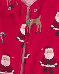 Baby 1-Piece Beige Santa Christmas 2-Way Zip 100% Cotton Snug Fit Footed Pajama - Red