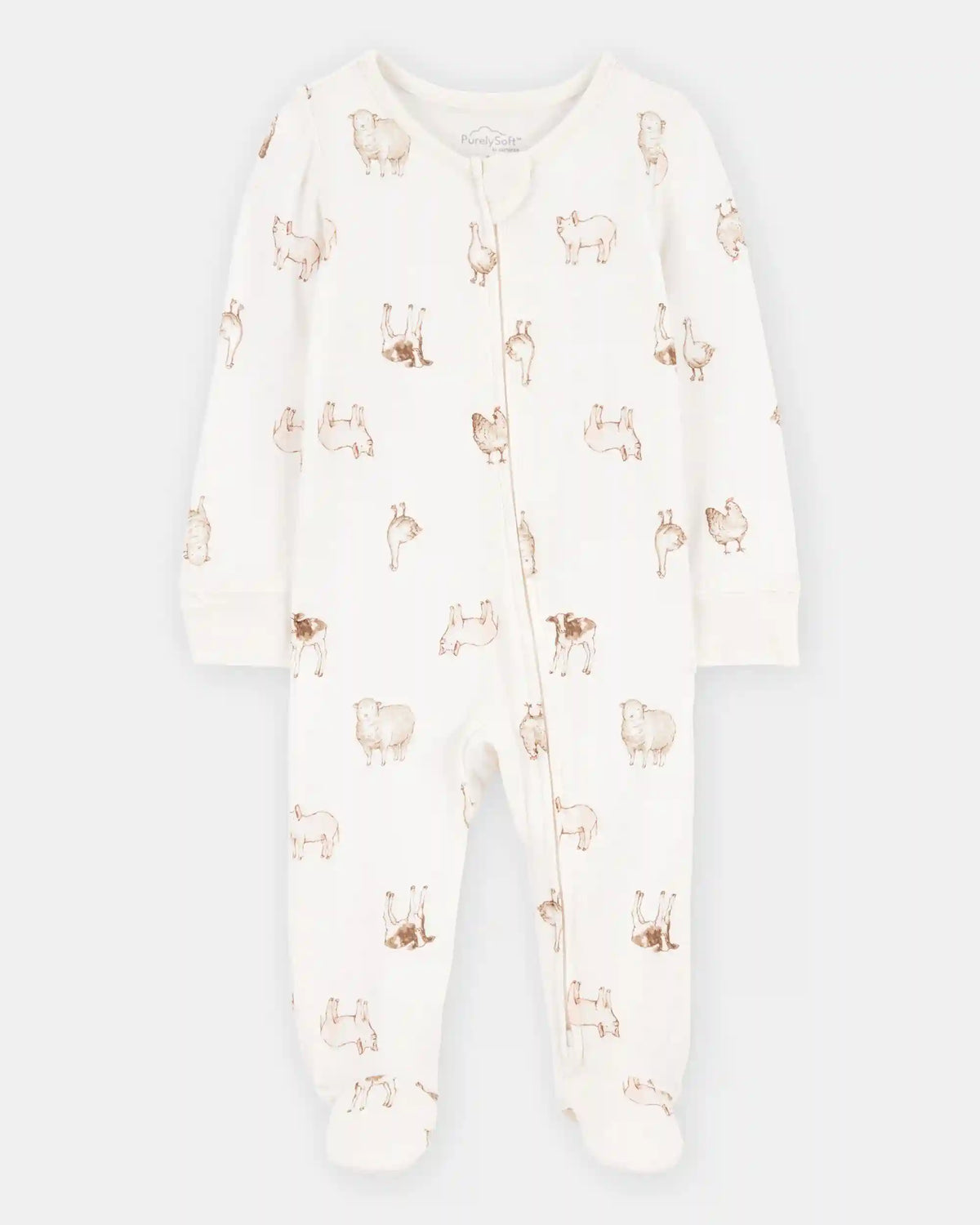 Baby Farm Animals Print 2-Way Zip PurelySoft Sleep & Play Pajamas - Ivory