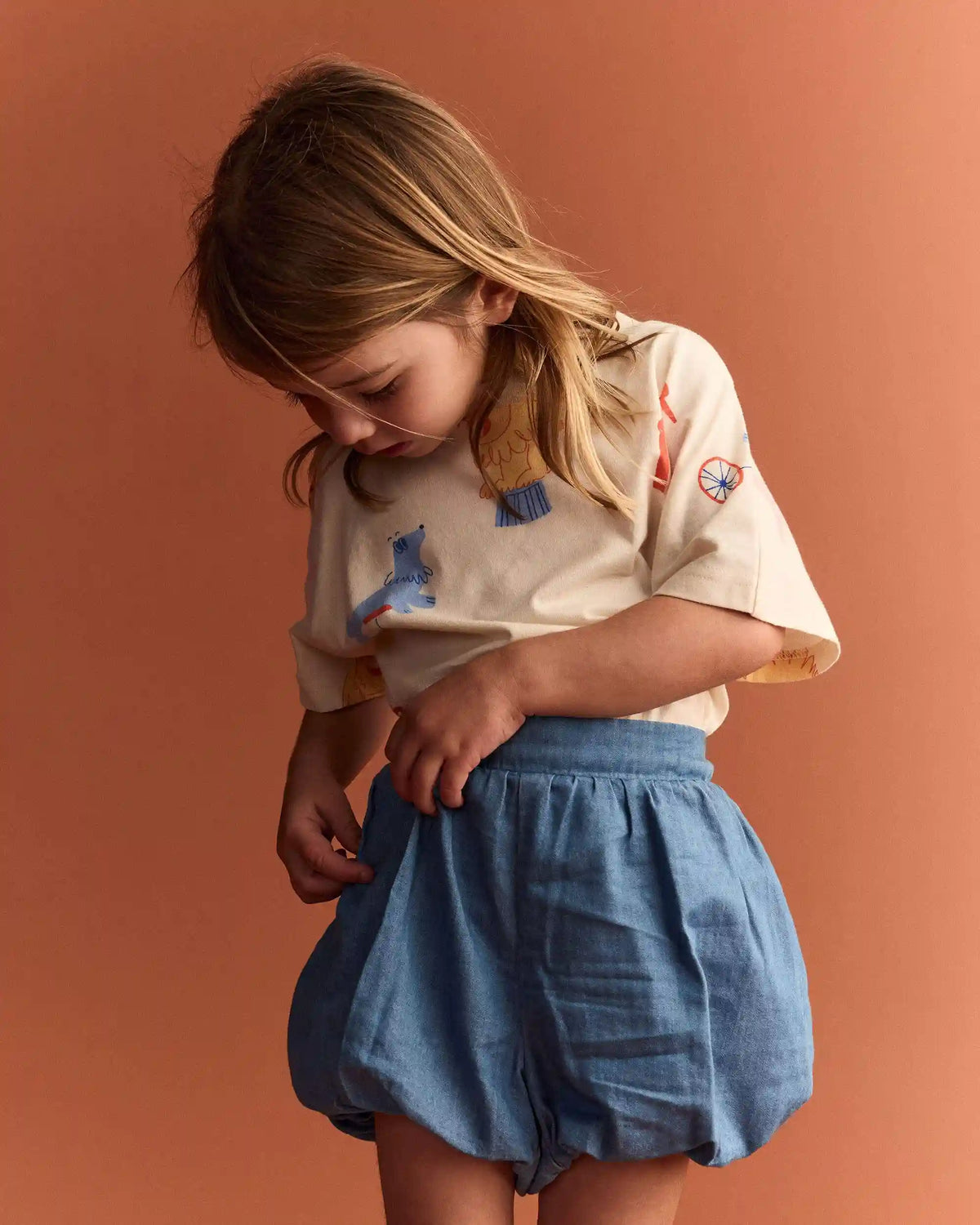 Toddler Girl Bubble Shorts in Chambray - Blue