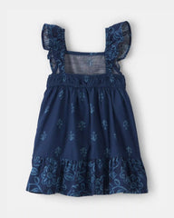 Baby Girl Floral Ruffle-Sleeve Dress - Navy