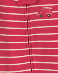 Baby Boy Firetruck Striped 100% Cotton 2-Way Zip Sleep & Play Pajamas - Red