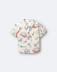 Toddler Girl Scalloped Collar Top in Baking Print - Cream