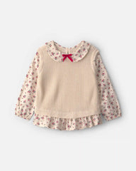 Toddler Girl Collared Floral Sweater - Cream
