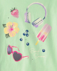 Girls 'Beach Season' Summer Oversized Graphic Tee - Green