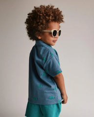 Toddler Boy Button-Down Short-Sleeve Shirt in Fish Print - Slate Blue