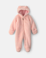 Baby Girl Bear Teddy Fleece Long-Sleeve Jumpsuit - Pink