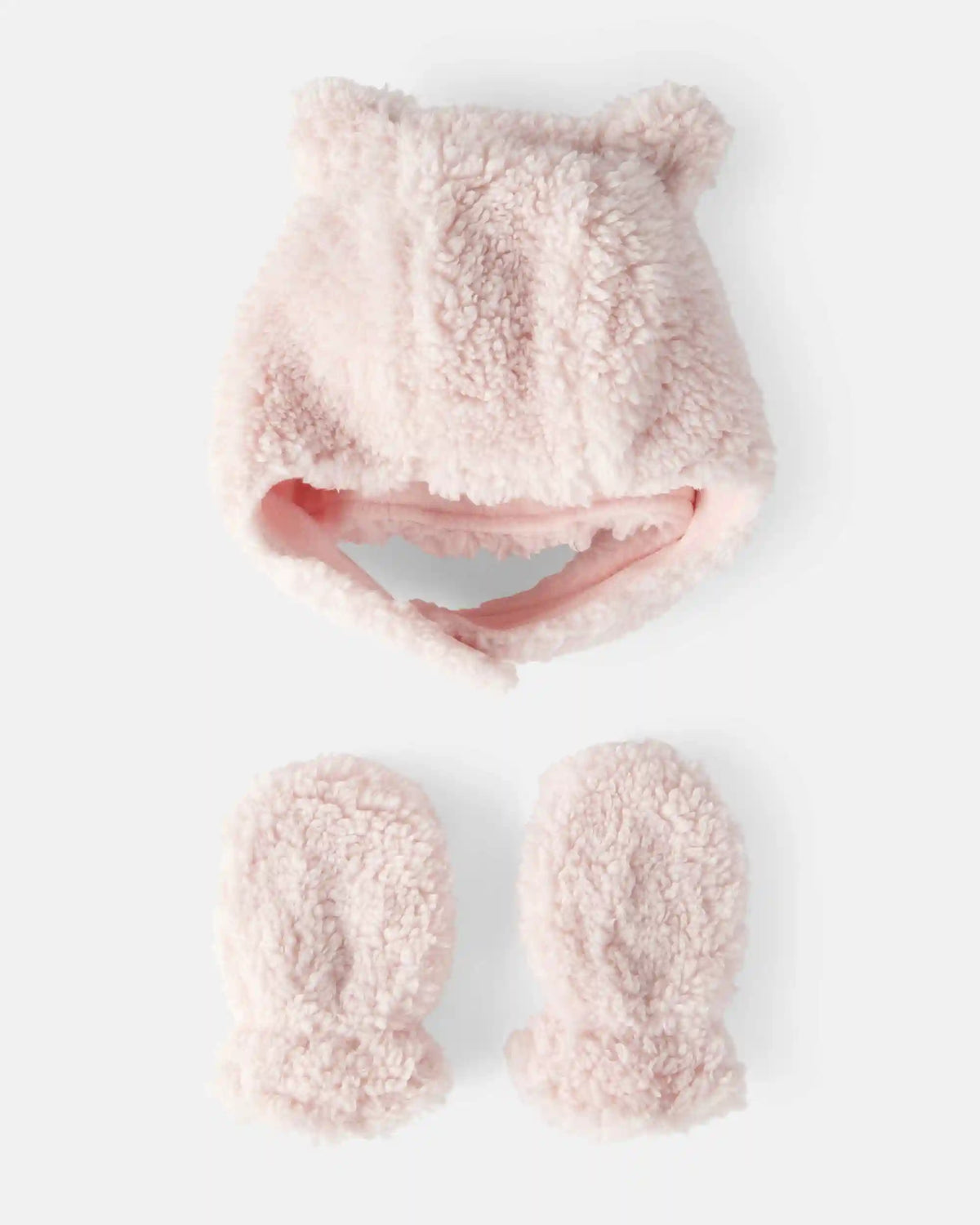 Baby Girl Sherpa Winter Hat & Mittens Set - Pink