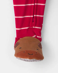 Toddler Boy 1-Piece Moose Striped DreamPlush Snug Fit Footed Pajama - Red