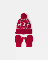 Toddler 2-Piece Fair Isle Christmas Beanie & Glove Set - Red