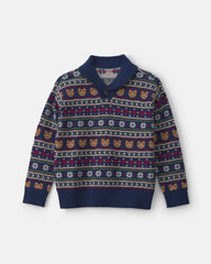 Boys Bear Fair Isle Sweater - Navy Blue