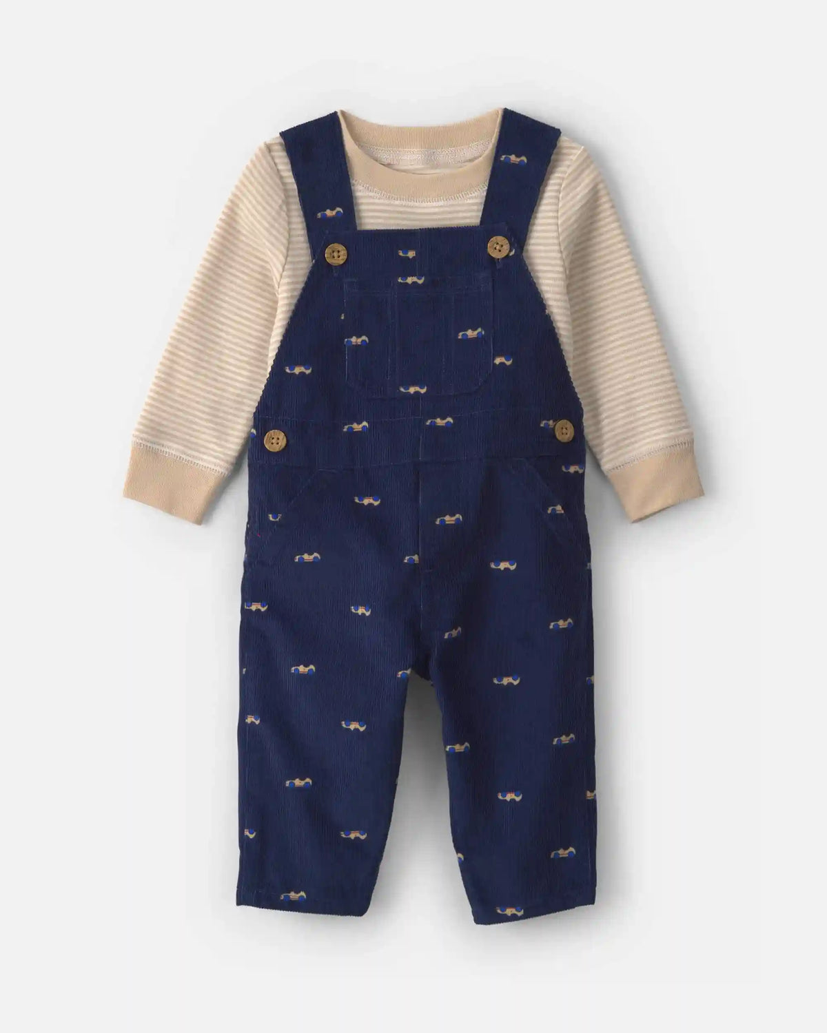 Baby Boy 2-Piece Car Corduroy Long-Sleeve Overall Set - Navy Blue/Cream