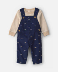Baby Boy 2-Piece Car Corduroy Long-Sleeve Overall Set - Navy Blue/Cream
