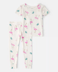 Toddler Girl Flamingo PurelySoft Short-Sleeve Snug Fit 2-Piece Pajama Set - Ivory