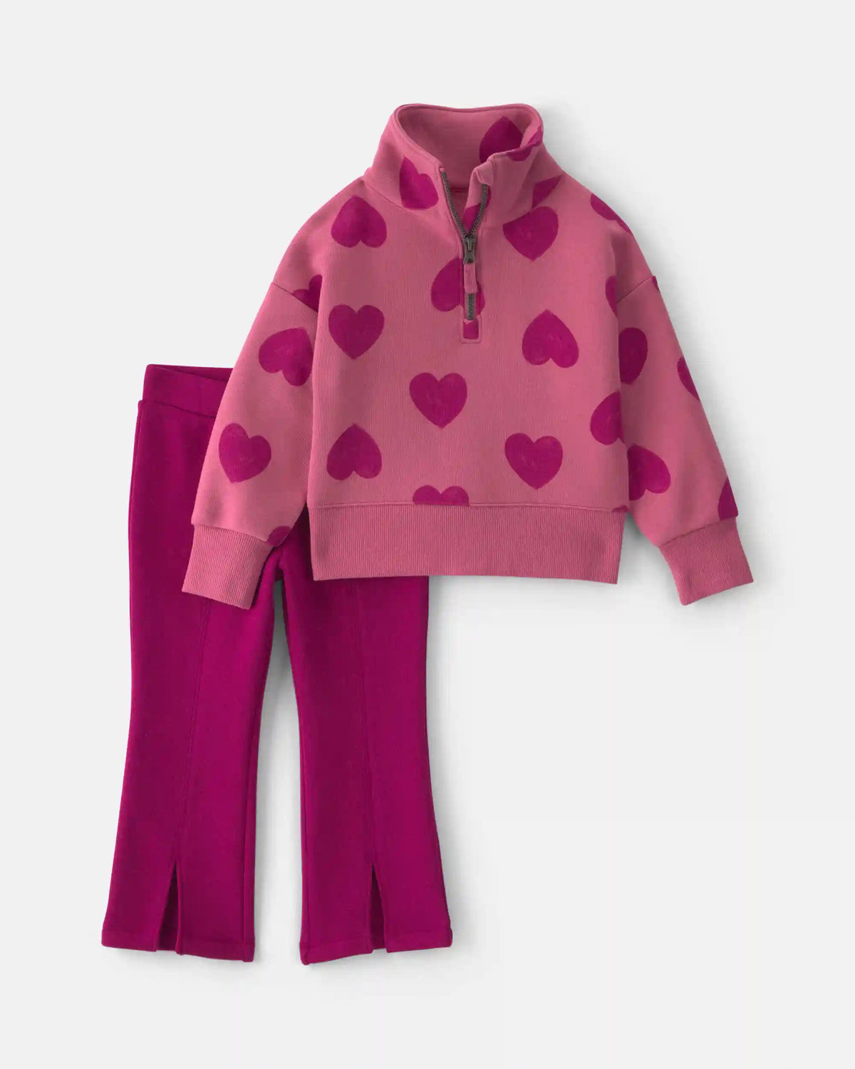 Toddler Girl 2-Piece Heart Fleece Quarter Zip & Pant Set - Pink