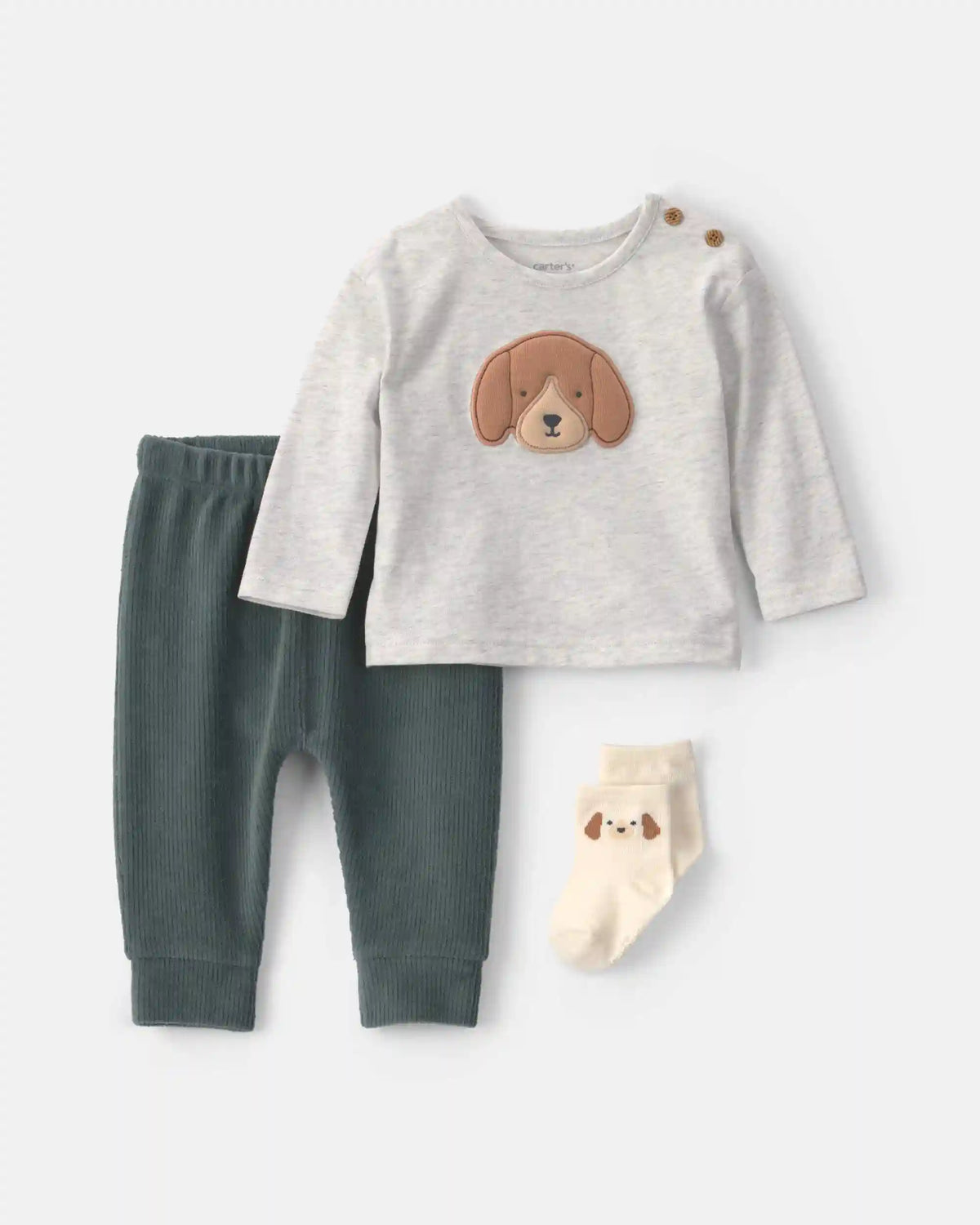 Baby Boy 3-Piece Dog Long-Sleeve Top & Pant Set - Green/Grey