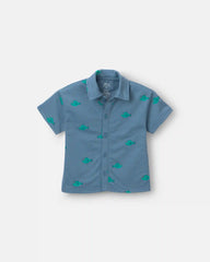 Toddler Boy Button-Down Short-Sleeve Shirt in Fish Print - Slate Blue