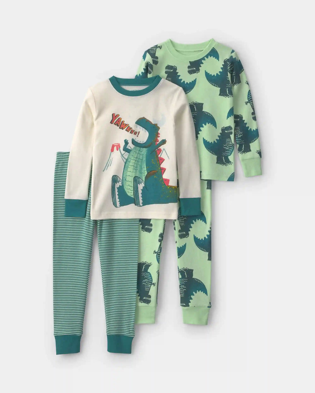 Baby Boy 4-Piece Dino Striped 100% Cotton Snug Fit Pajama Set - Green