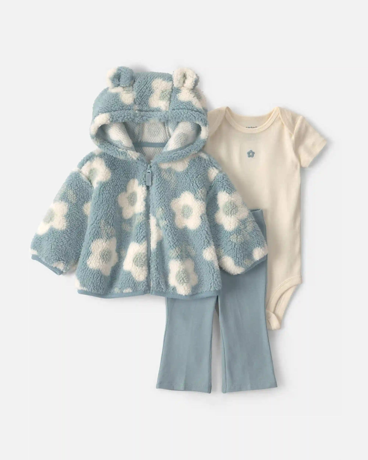 Baby Girl 3-Piece Floral Teddy Fleece Layering Set - Blue