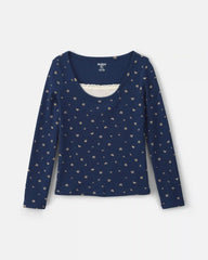 Girls Floral Long-Sleeve Top - Navy Blue
