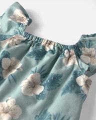 Toddler Girl 2-Piece Linen Top & Short Set Made with Organic Cotton in Blue Hibiscus