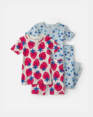 Toddler Girl Berries 100% Cotton 4-Piece Pajama Set - Red/Blue