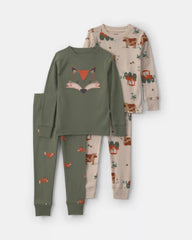Baby Boy 4-Piece Fox 100% Cotton Snug Fit Pajama Set - Green/Cream