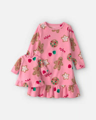 Girls 2-Pack Christmas Gingerbread Fleece Loose Fit Night Gown & Doll Gown - Pink