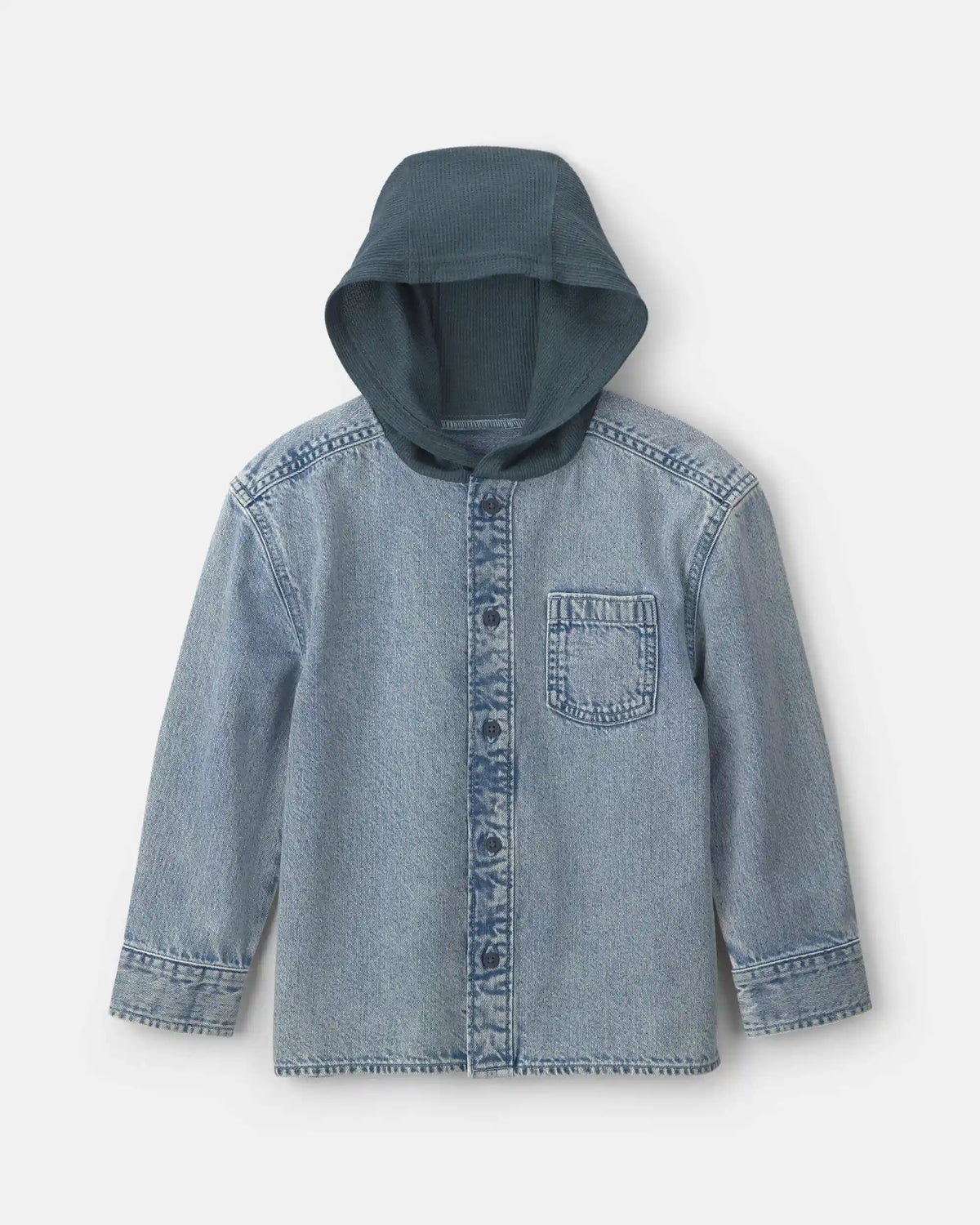 Boys Denim Hooded Button-Down Shirt - Indigo