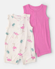 Baby Girl 2-Pack Flamingo PurelySoft Sleeveless Romper Set - Pink/Ivory