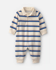 Baby Boy Striped French Terry Long-Sleeve Jumpsuit - Blue/Cream