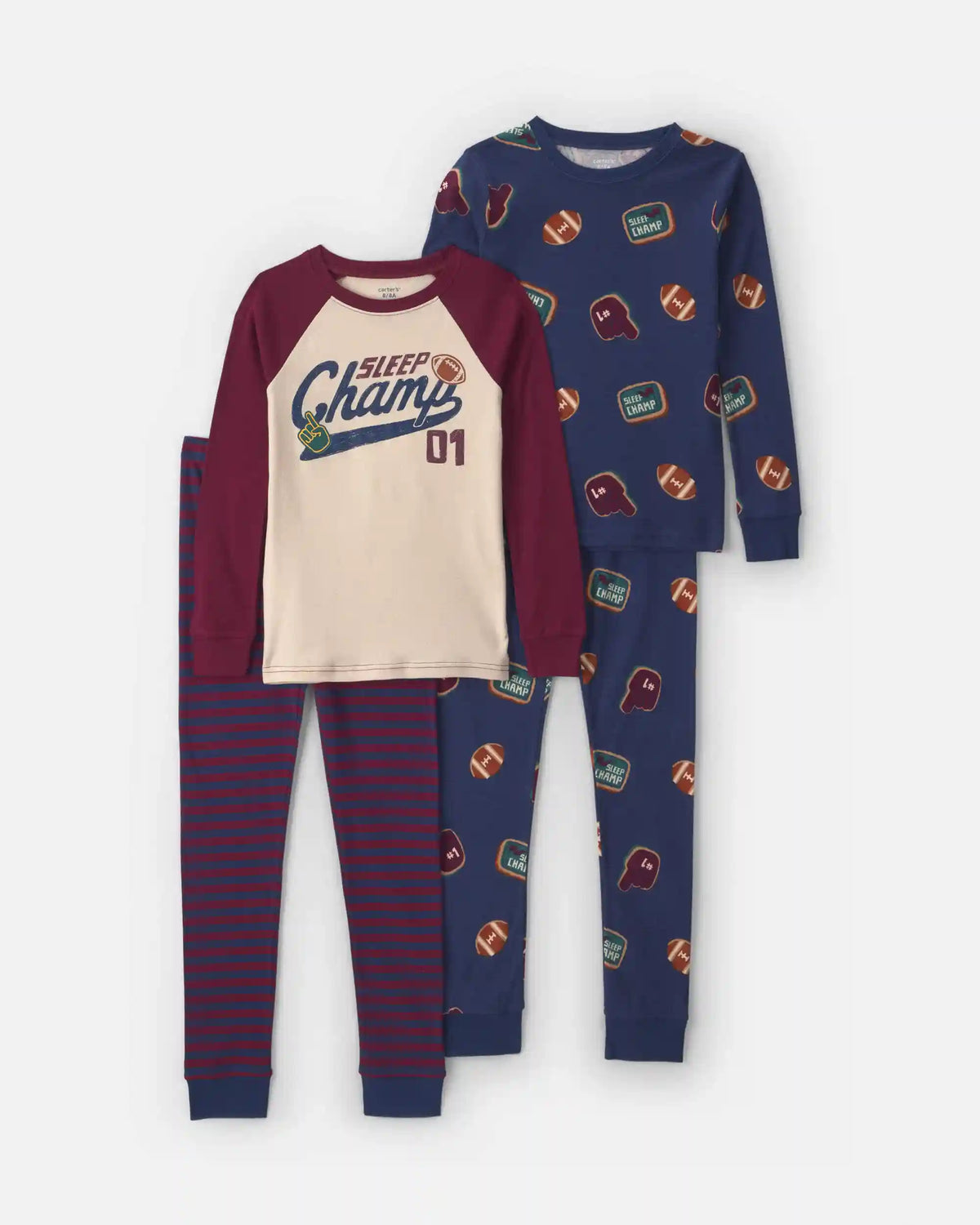 Boys 4-Piece 'Sleep Champs 01' 100% Cotton Snug Fit Pajama Set - Burgundy/Cream