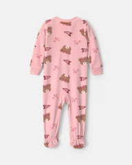Toddler Girl 1-Piece Bears & Bows DreamPlush Snug Fit Footed Pajama - Pink