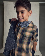 Boys Plaid Long-Sleeve Button-Down Shirt - Brown