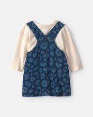 Baby Girl 2-Piece Leopard Denim Long-Sleeve Overall Set - Dark Wash