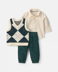 Baby Boy 3-Piece Argyle Layering Set - Green/Cream