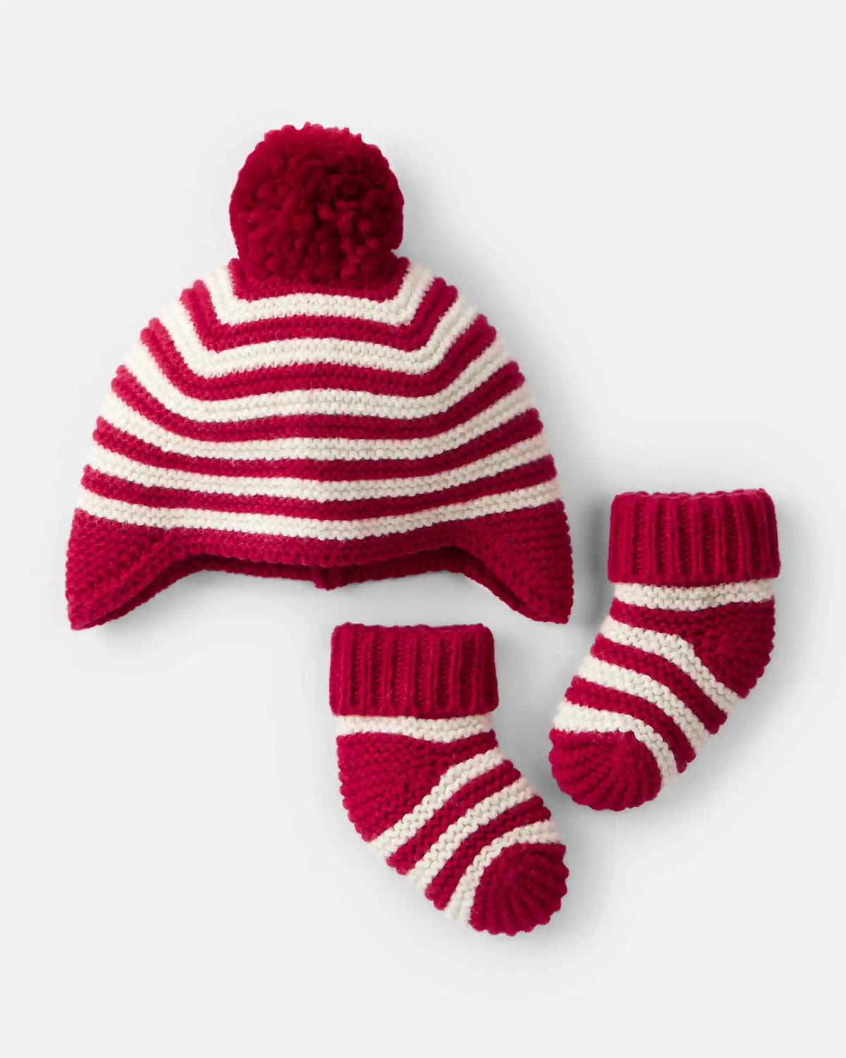 Baby Striped Crochet Pom Winter Hat & Socks Set - Red/White