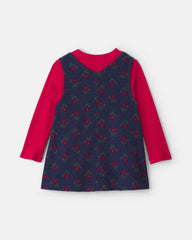 Toddler Girl 2-Piece Floral Corduroy Long-Sleeve Dress Set - Navy Blue/Red
