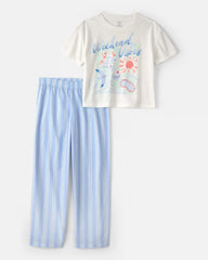 Girls 'Weekend Vibes' Striped Loose Fit 2-Piece Pajama Set - Blue/Ivory