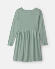 Girls Rib Long-Sleeve Dress - Green