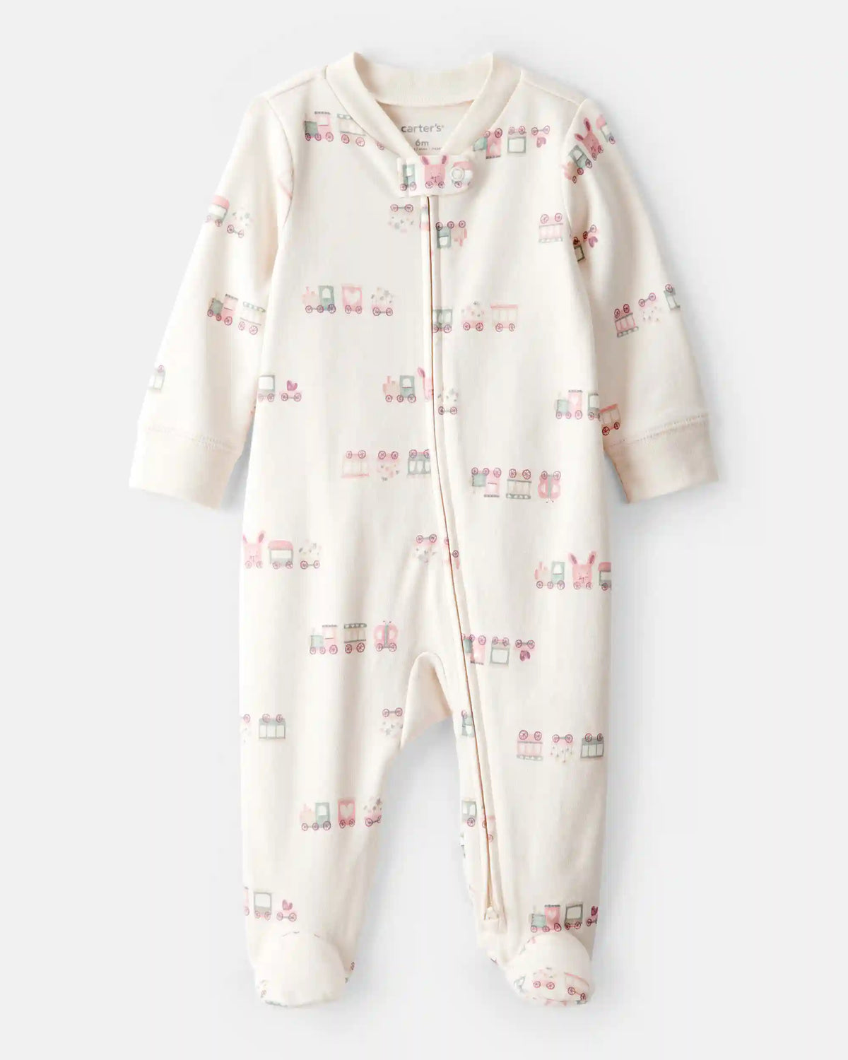 Baby Girl Train Print 100% Cotton Long-Sleeve Snug Fit Sleep & Play Pajamas - Cream