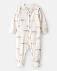 Baby Girl Train Print 100% Cotton Long-Sleeve Snug Fit Sleep & Play Pajamas - Cream