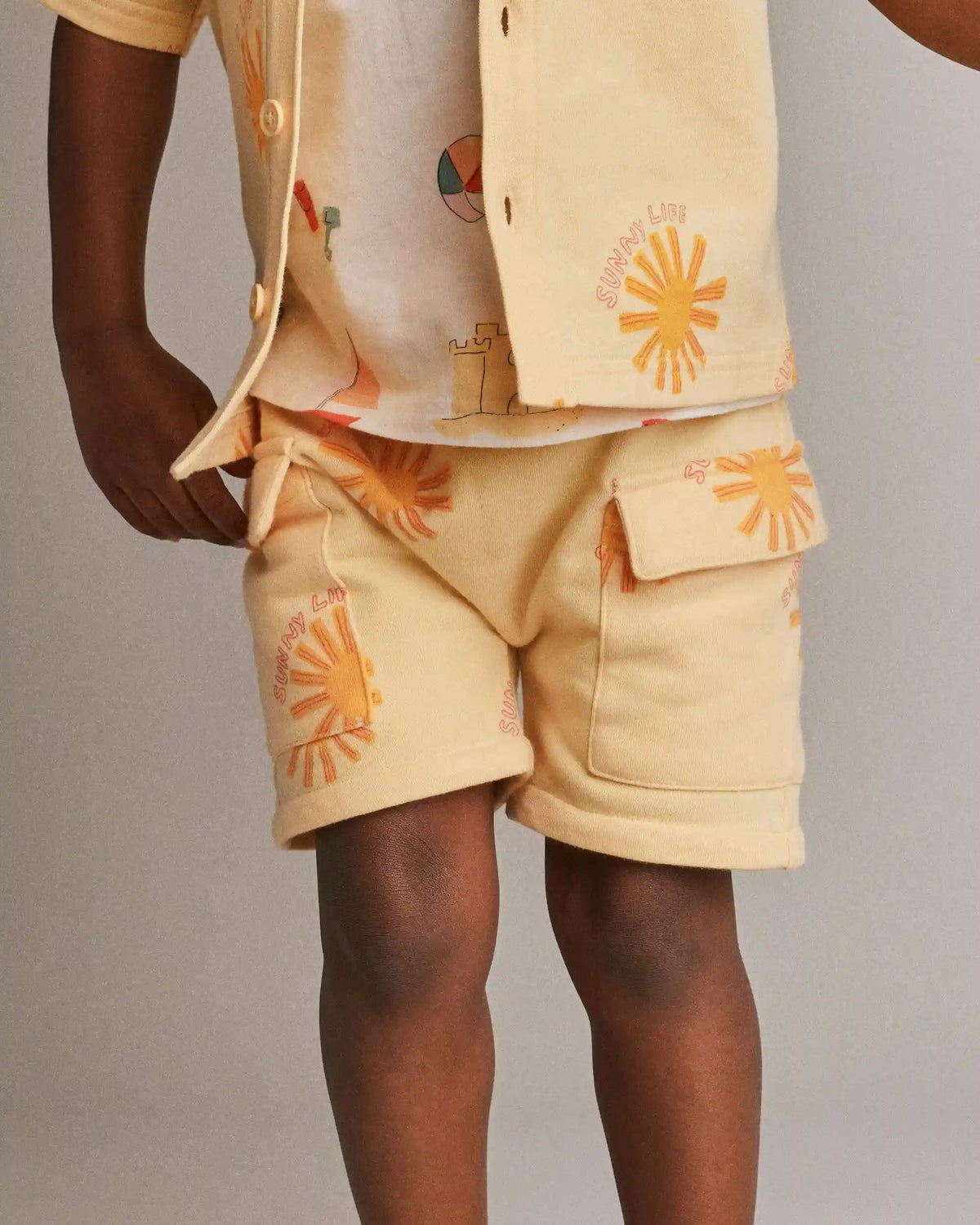 Toddler Boy French Terry Cargo Shorts in Sunny Life Print - Yellow